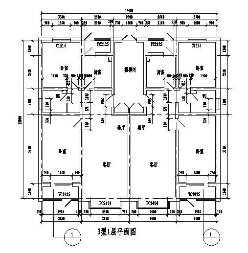 一梯两户一层资料下载-一梯两户户型3型1层