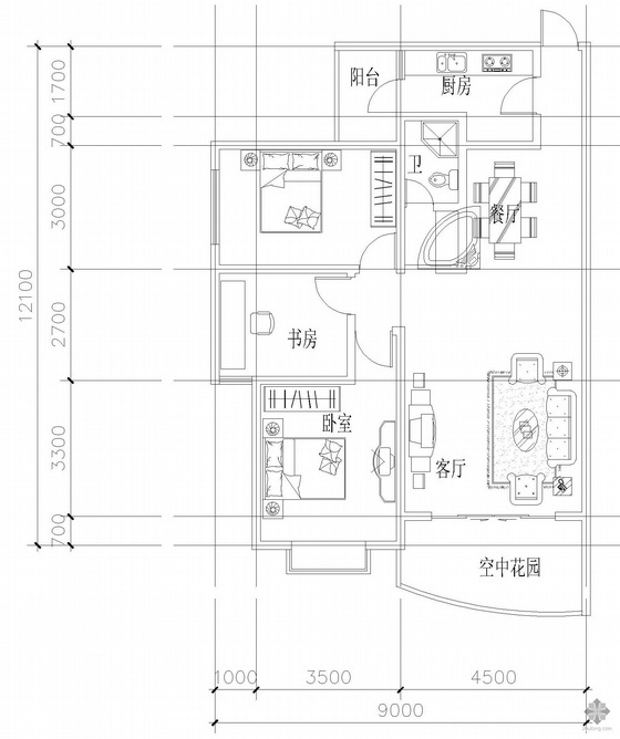 户型图一室一厅一卫资料下载-板式多层单户三室二厅一卫户型图(114)