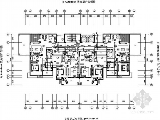 1梯4户住宅户型平面图资料下载-一梯四户高层住宅户型平面图