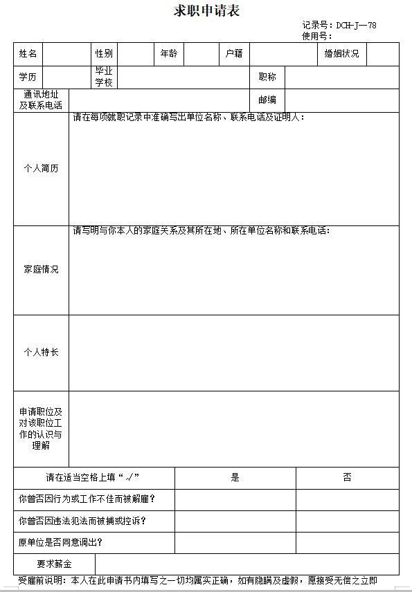 全套房地产物业公司质量表格（207页）-求职申请表