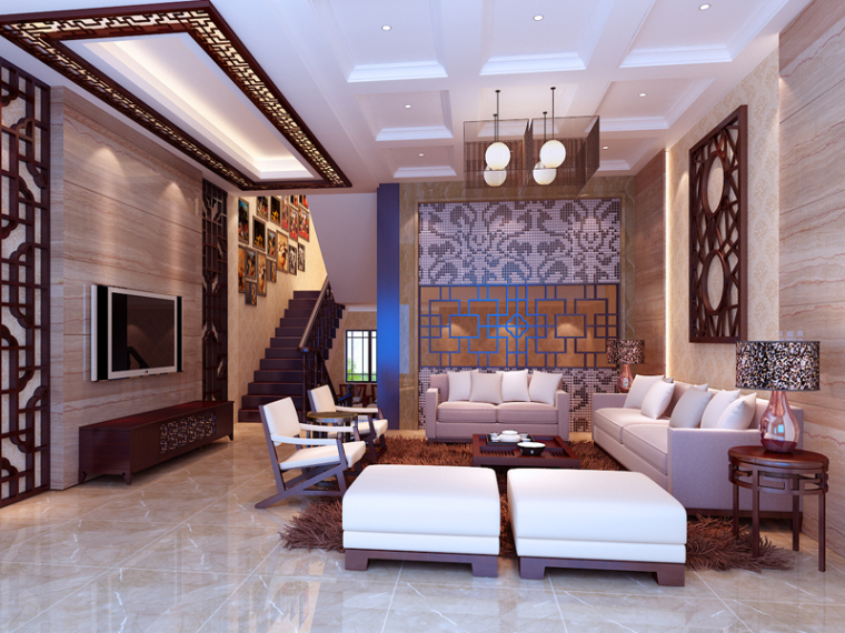 客厅沙发中式资料下载-中式复式客厅3D模型下载