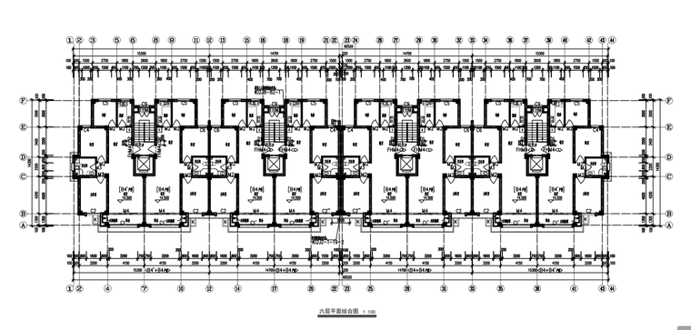 [宁夏]6层框架结构商住楼全套施工图（建筑结构暖通电气）-六层平面组合图