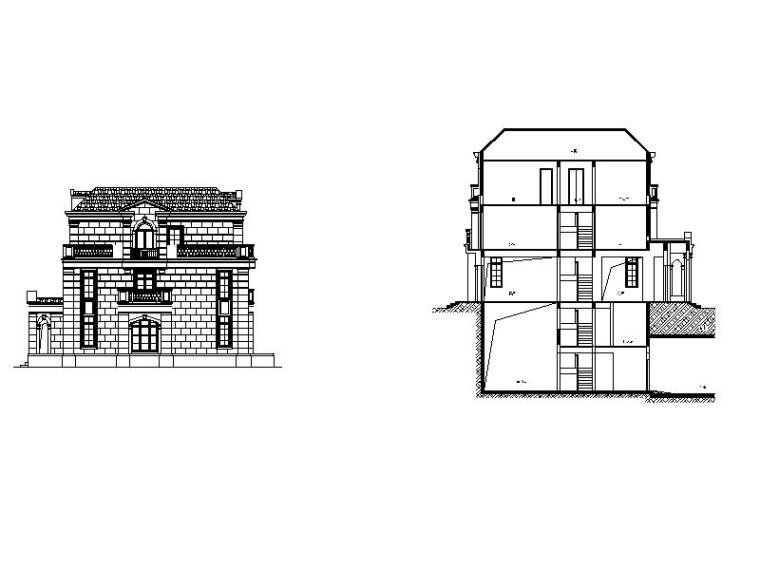 欧陆风别墅居住区建筑施工图-联排别墅-类独栋立面三