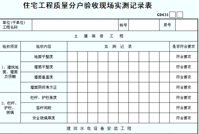 住宅工程质量分户验收现场实测记录表