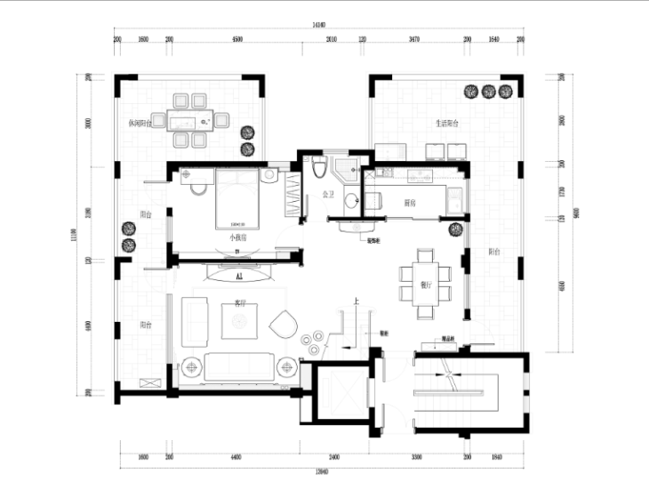 星海湾家装设计完整施工图及高清效果图-一层平面布置图