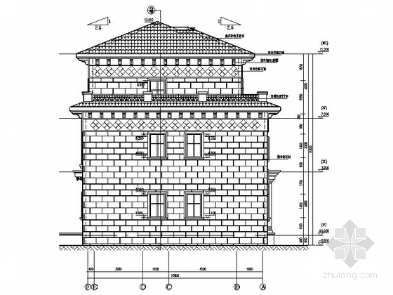 [江苏]3层双拼别墅建筑施工图（含地下一层）-3层双拼别墅建筑立面图