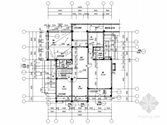 [湖北]两层框架小别墅结构图（含建施）-二层平面图