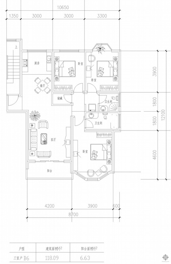 三室一厅CAD原始图图资料下载-板式高层三室一厅单户户型图(118)