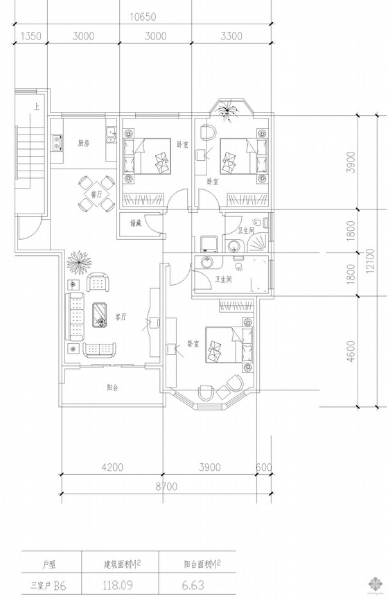 装修三室一厅图资料下载-板式高层三室一厅单户户型图(118)