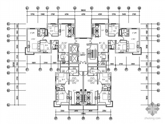 两室高层户型图资料下载-塔式高层一梯四户型图（111/82）