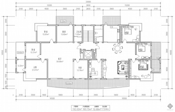 三室一厅高层资料下载-板式高层一梯两户三室一厅二卫户型图(192/192)