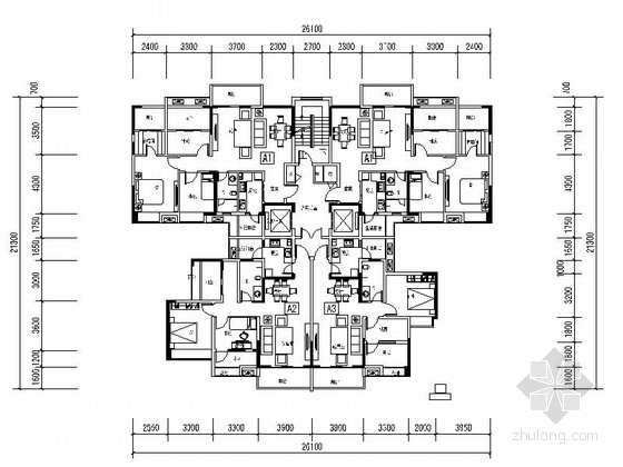 深圳超高层住宅户型平面资料下载-某小高层住宅一梯四户型平面图（370平方米）