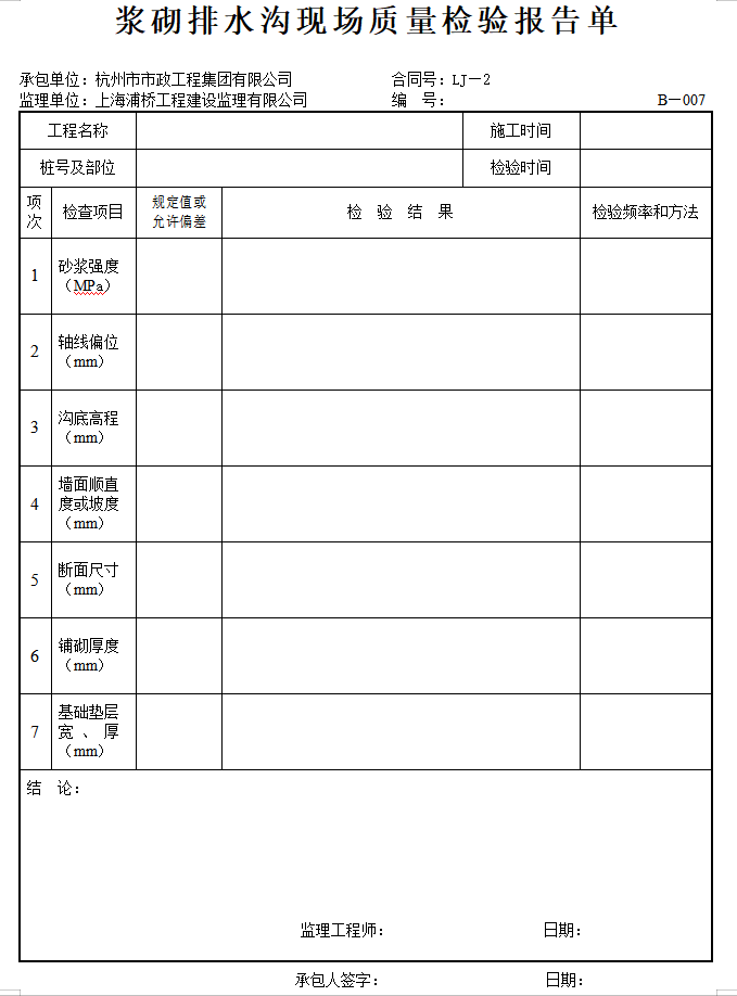 各类公路工程用表汇编(监管、检验、施工、实验)-浆砌排水沟现场质量检验报告单