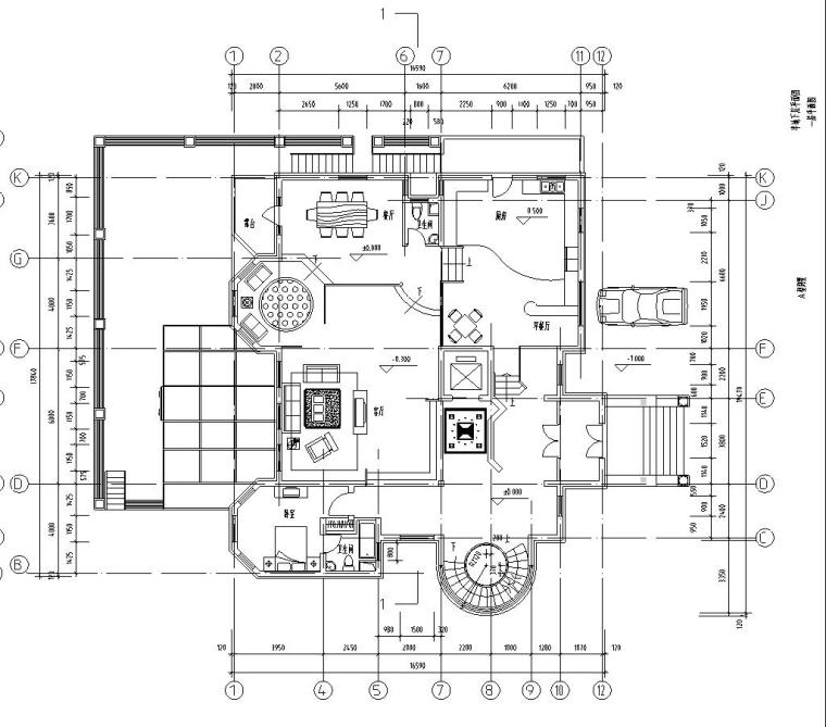 三层独栋别墅建筑施工图设计-一层平面图