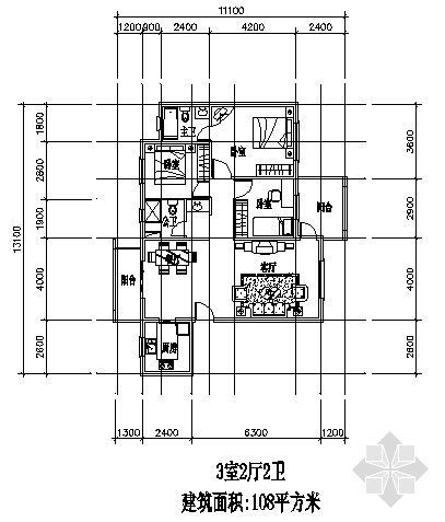 三室两厅两卫户型设计资料下载-三室两厅一厨两卫108平方米