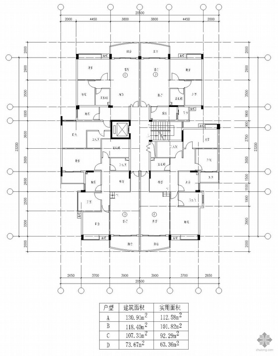 一梯四户中等户型资料下载-塔式高层一梯四户户型图(131/102/93/63)