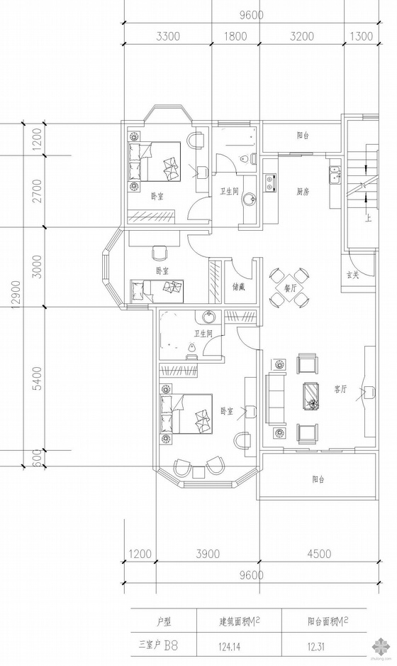 三室一厅户型cad图纸资料下载-板式高层三室一厅单户户型图(124)