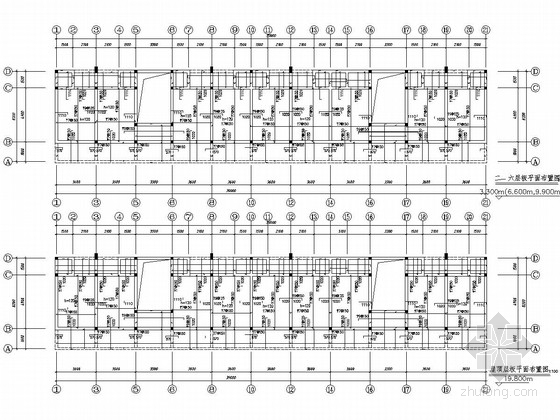 六层砖混结构中学宿舍楼结构施工图（含建筑图）-二-六层板平面布置图 