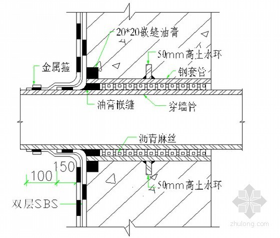 [天津]住宅小区地下室防水施工方案（SBSⅡ卷材 满粘法）-穿墙套管埋设件处防水做法 