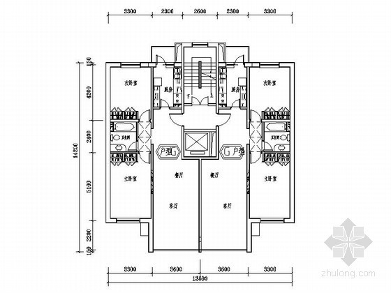 1000平方米商场平面图资料下载-某住宅区板式住宅户型平面图（96平方米）