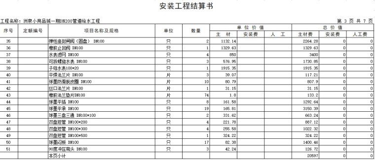 安装工程结算书(带主材安装人工)-3、弹性座封闸阀（圆盘）