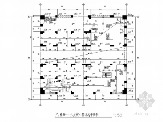 [上海]18层双塔网状钢框架核心筒结构办公楼结构图-A楼五~六层核心筒结构平面图