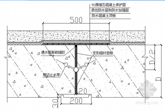 [辽宁]地铁地下双层岛式车站及区间工程投标施工组织设计311页（盖挖暗挖矿山法）-顶板变形缝防水结构图 