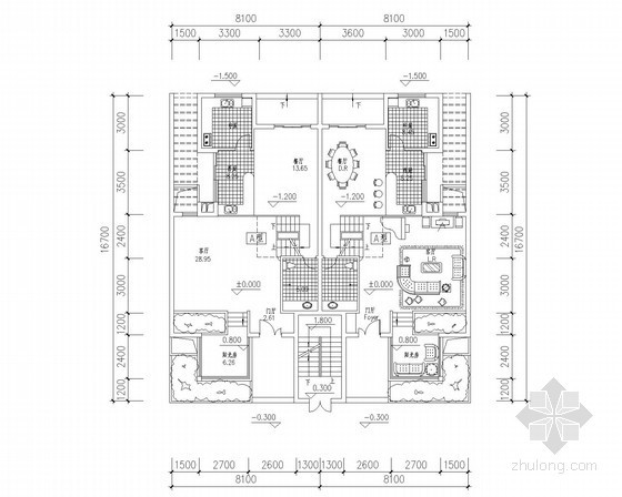 180平方米平层洋房资料下载-[北京]某四层叠拼别墅户型平面图（170、210平方米）