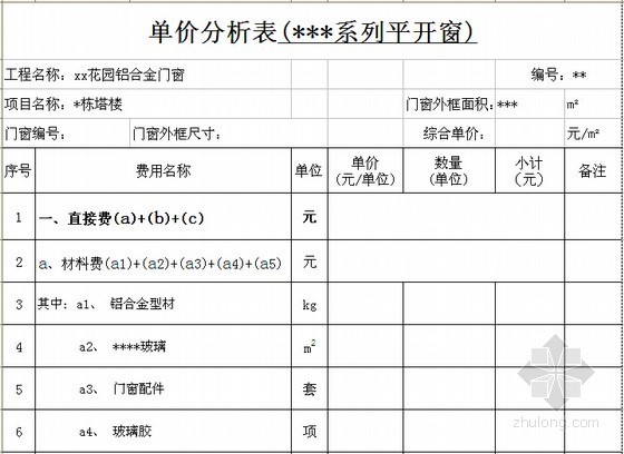 [广东]大型住宅项目铝合金门窗工程招标文件及工程量清单(含施工图纸)-单价分析表 