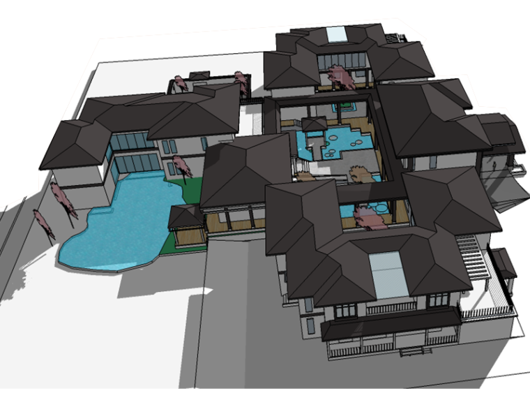 庭院SU模型免费资料下载-中式四合院会所su模型