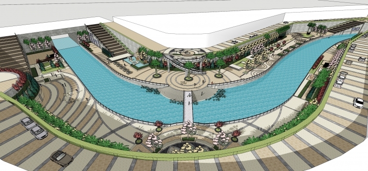 草图大师模型模型资料下载-精细草图大师sketchup滨水商业街SU模型