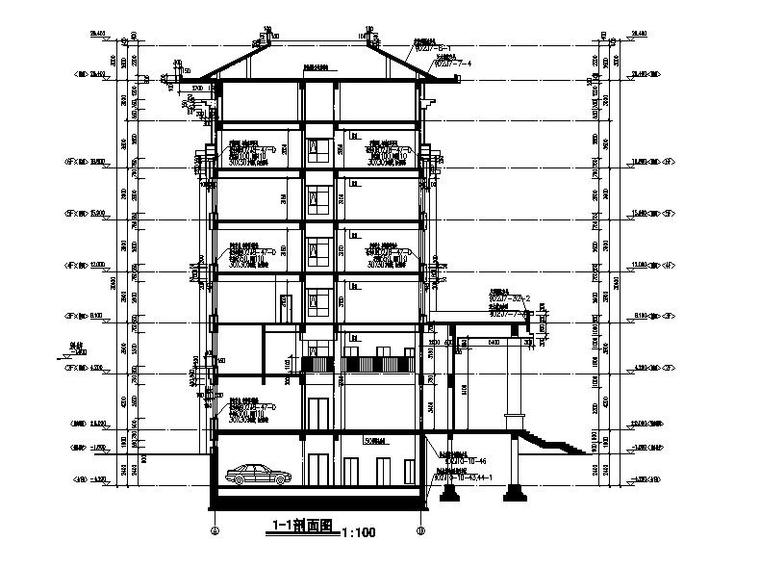 [宁夏]高层石材外墙指挥办公中心建筑施工图（含食堂）-高层石材外墙指挥办公中心建筑剖面图