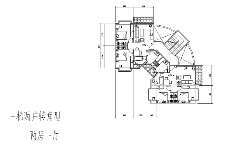 60种多层点式及塔式小高层户型平面图（60张）-一梯两户两房一厅