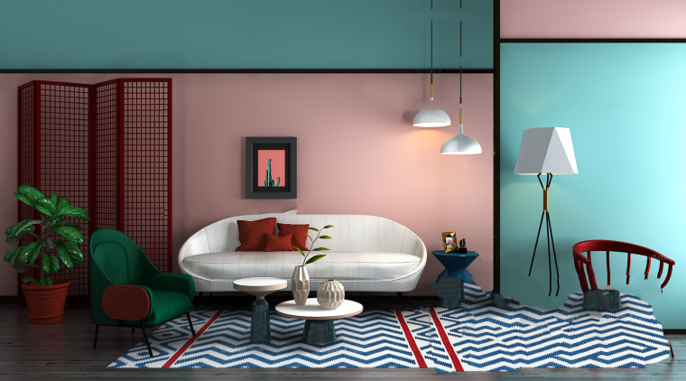 现代时尚简约三居室资料下载-粉绿拼色现代时尚客厅