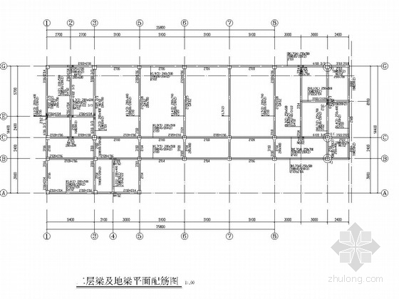 [黔江]五层框架结构综合楼结构施工图-二层梁及地梁平面配筋图 