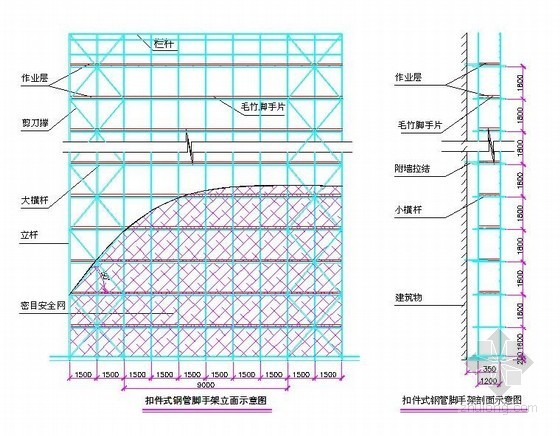 驳岸剖面示意图资料下载-上海某大学新校区扣件式钢管脚手架立面、剖面示意图