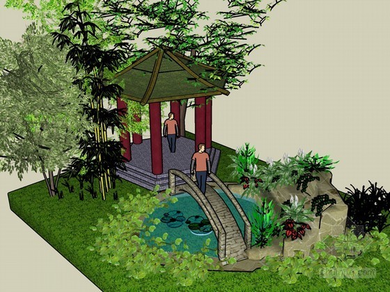 中式景观水池模型资料下载-中式景观SketchUp模型下载