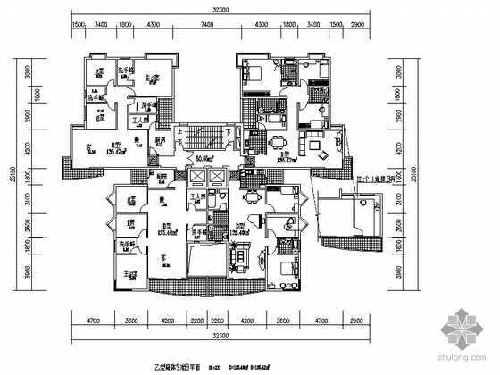 高层板楼单元住宅户型图资料下载-塔式高层一梯四户（125.4/125.4/135.5/135.5）