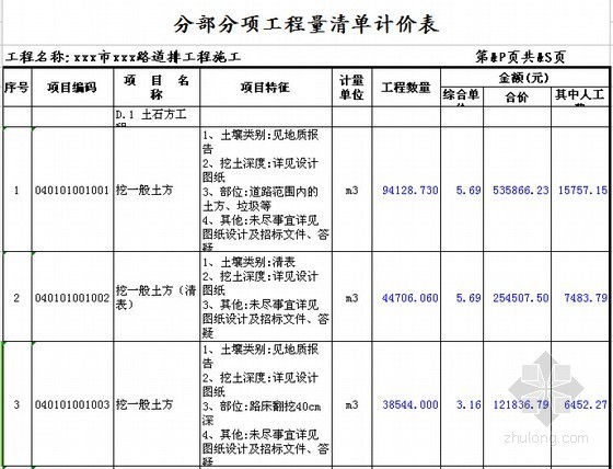 [安徽]2条道路排水工程预算书(附施工图纸软件文件)-工程量清单计价表 