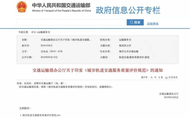 诚信评价工程质量评价资料下载-通知丨交通运输部办公厅印发《城市轨道交通服务质量评价规范》