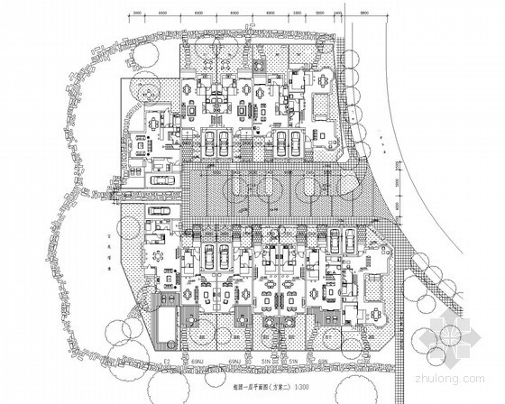 组团式别墅建筑案例资料下载-[北京]某三层联排别墅组团平面图