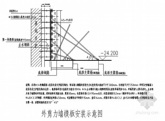 [广东]框剪结构办公楼工程模板工程施工方案(112页 计算详细)-外剪力墙模板安装示意图 