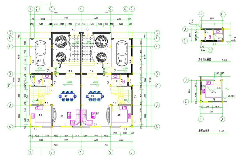 两户双联式，二层半新农村别墅建筑设计文本（包含效果图+CAD）-一层平面图