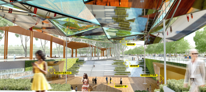 [湖北]“海绵城市”汉派文化核心绿轴生态滨江商业核心区景观设计方案-生态广场景观效果图