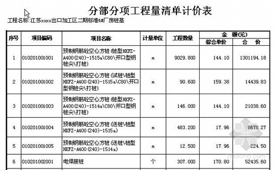 市政工程桩基清单报价资料下载-[江苏]出口加工区厂房桩基础清单报价（2011）