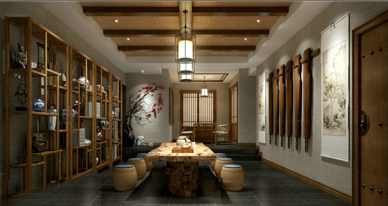 中式茶室手绘图资料下载-中式灰调茶室3D模型
