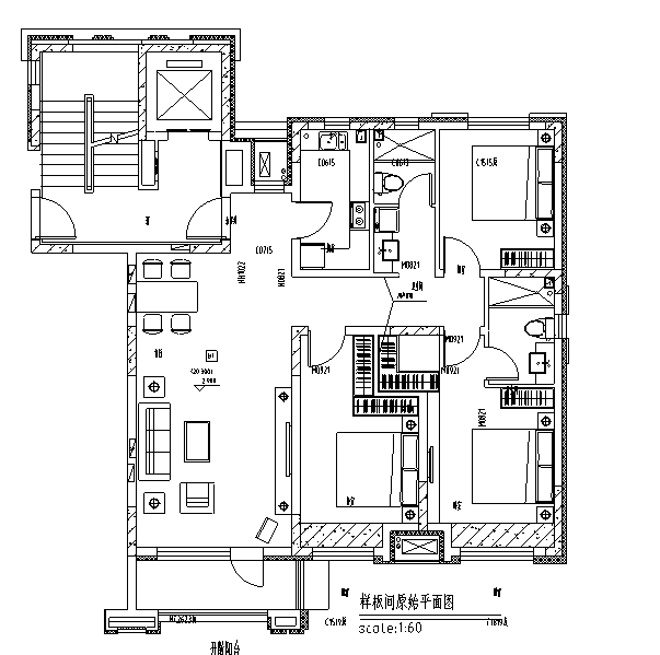 夏花似锦|古典英伦风样板间设计施工图（附效果图）-原始平面图