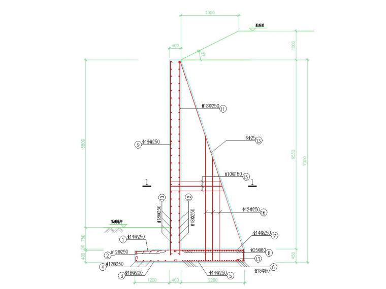 扶壁式挡土墙CAD图资料下载-扶壁式挡土墙横断面图