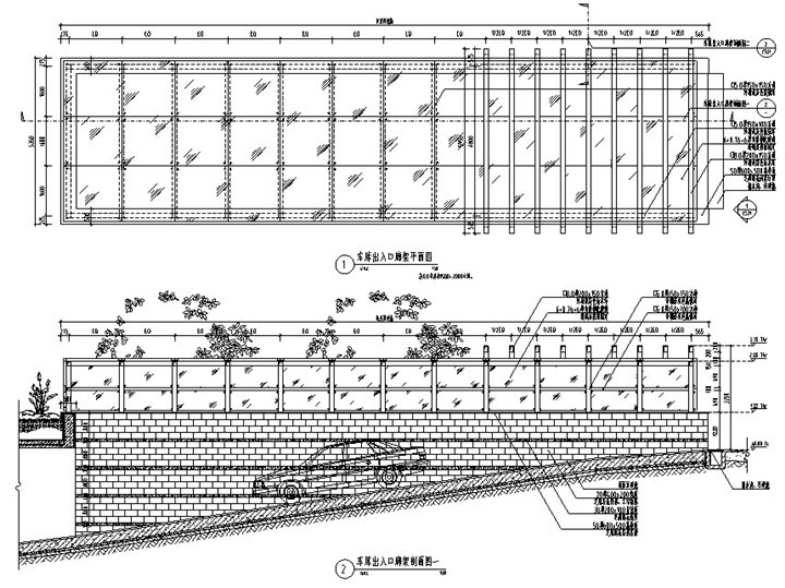 [陕西]对称式城市广场景观施工图（附PDF版）-车库出入口廊架详图