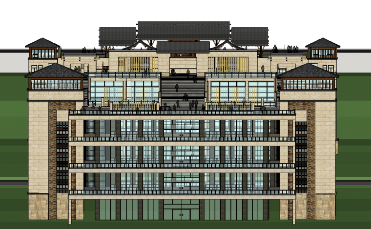 中式风格建筑su资料下载-中式风格4层张坝桂林园公园SU精模型